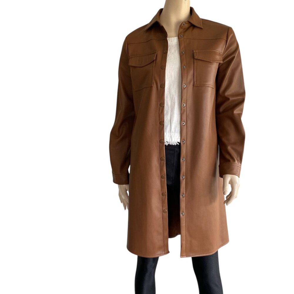 Truth by Republic Faux Leather Hybrid Long Trench Shacket Sz S Cognac